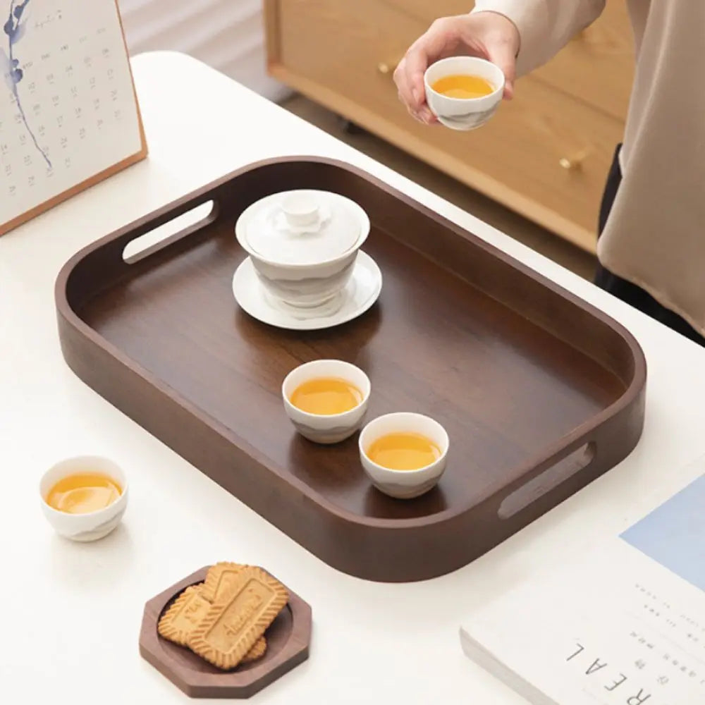 Simple Rectangular Walnut Tea Tray Hollowed-out Handle Polished Breakfast Serving Tray Vintage Tea Serving Plate Coffee Shop