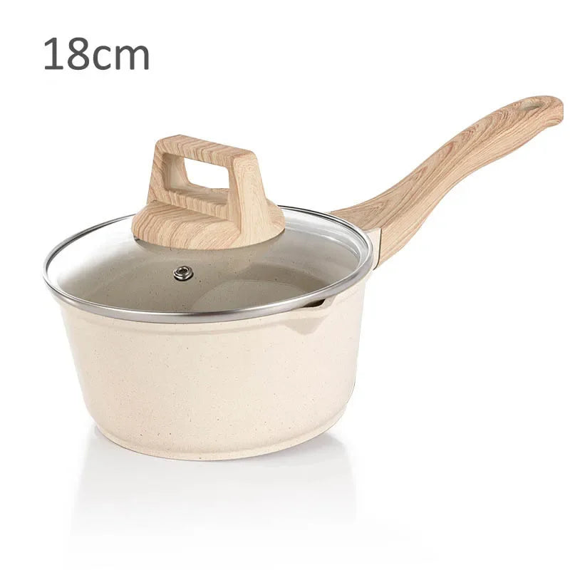 Non-Stick Frying Pan Set Maifan Stone Kitchen Soup Pot Milk Pan with Wooden Handle Pot Cookware Set Cooking Utensils for Kitchen