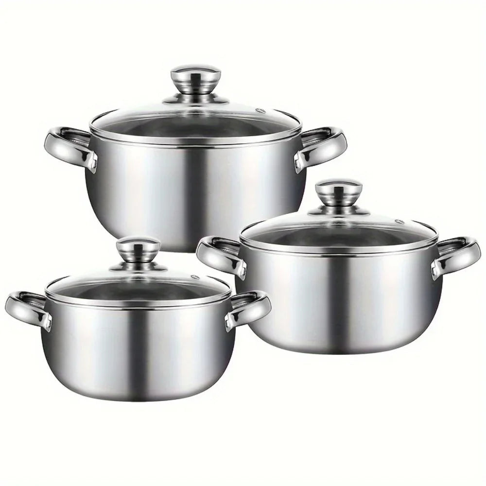 3pcs Stainless Steel Cookware Set with Lids - Induction Compatible, Thick Walls for Even Heating, Dual Handles & Covers ，