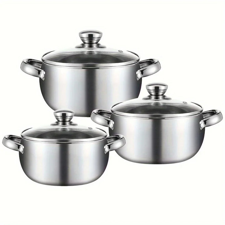 3pcs Stainless Steel Cookware Set with Lids - Induction Compatible, Thick Walls for Even Heating, Dual Handles & Covers ，