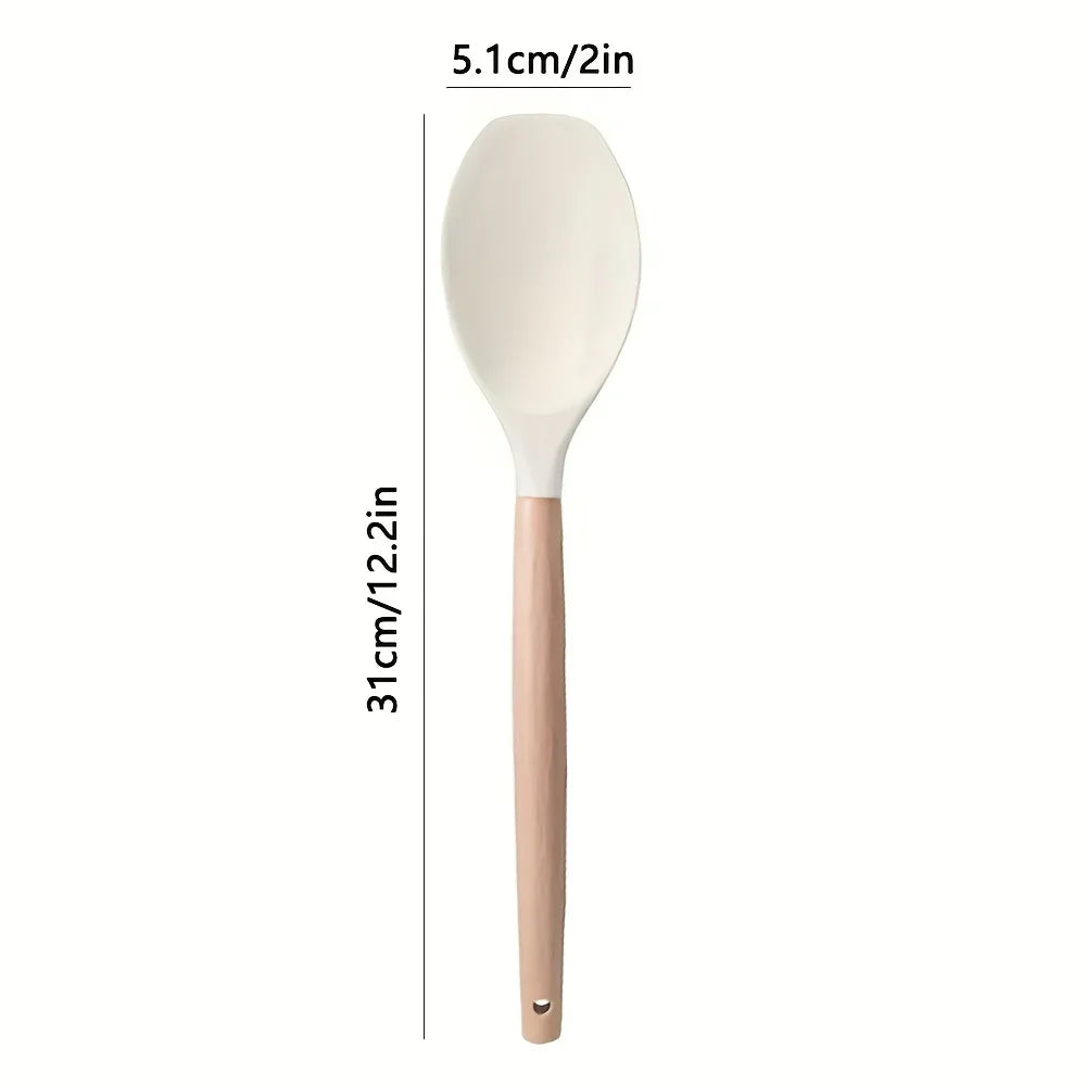 2pcs Silicone Spatula Spoons with Wooden Handle -Non-Stick Kitchen Utensils for Cooking, Rice, and More | Ergonomic | Durable