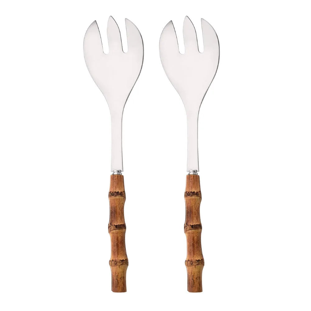 2Pcs Silver Dinnerware Cutlery 304 Stainless Steel Wood Bamboo Handle Food Serving Salad Spork Server Fork Spoon Tableware Set
