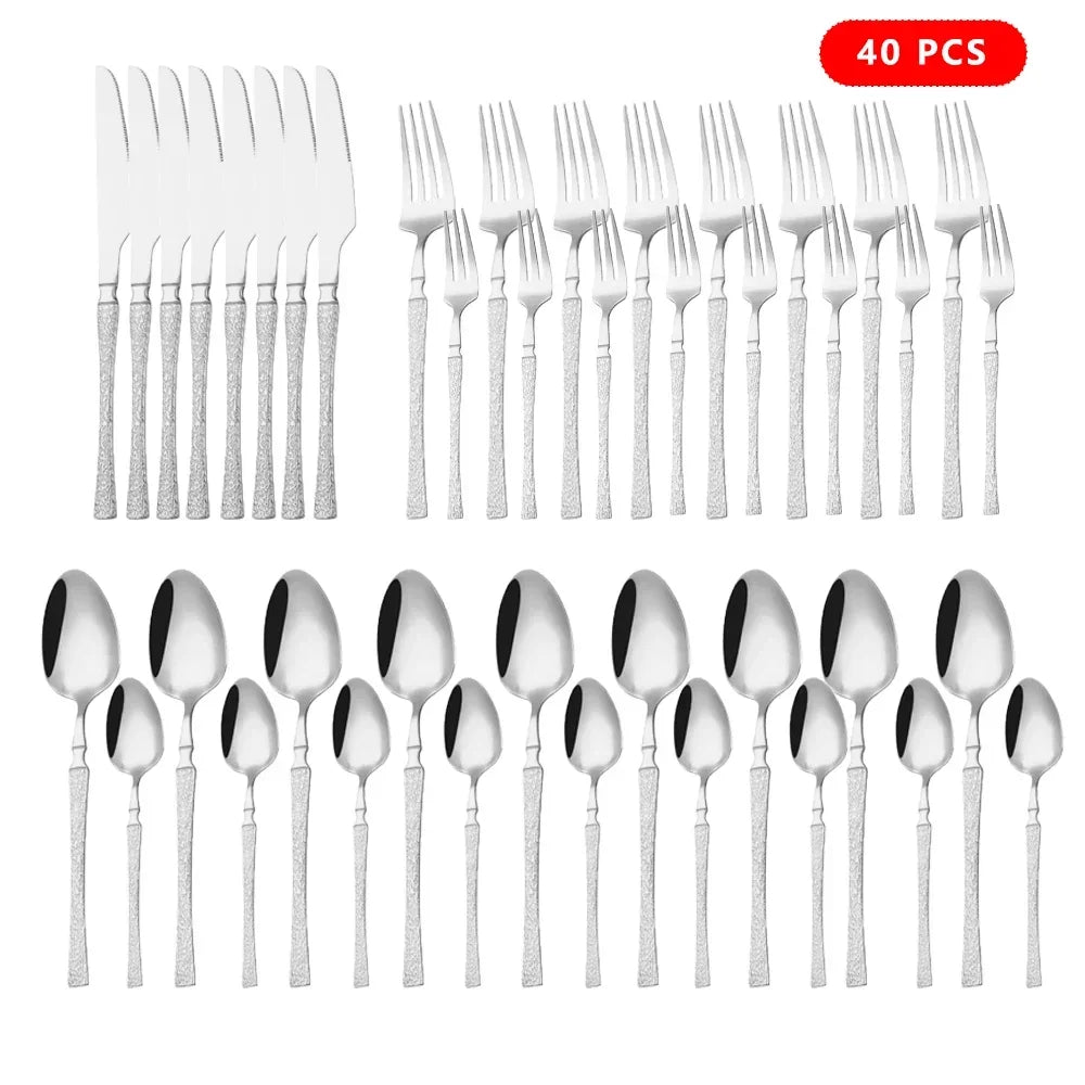40/60pcs Stainless Steel Cutlery Set,Hammer Pattern Handle,Dishwasher Safe Flatware,Durable Dinnerware for Home,Restaurant,Party