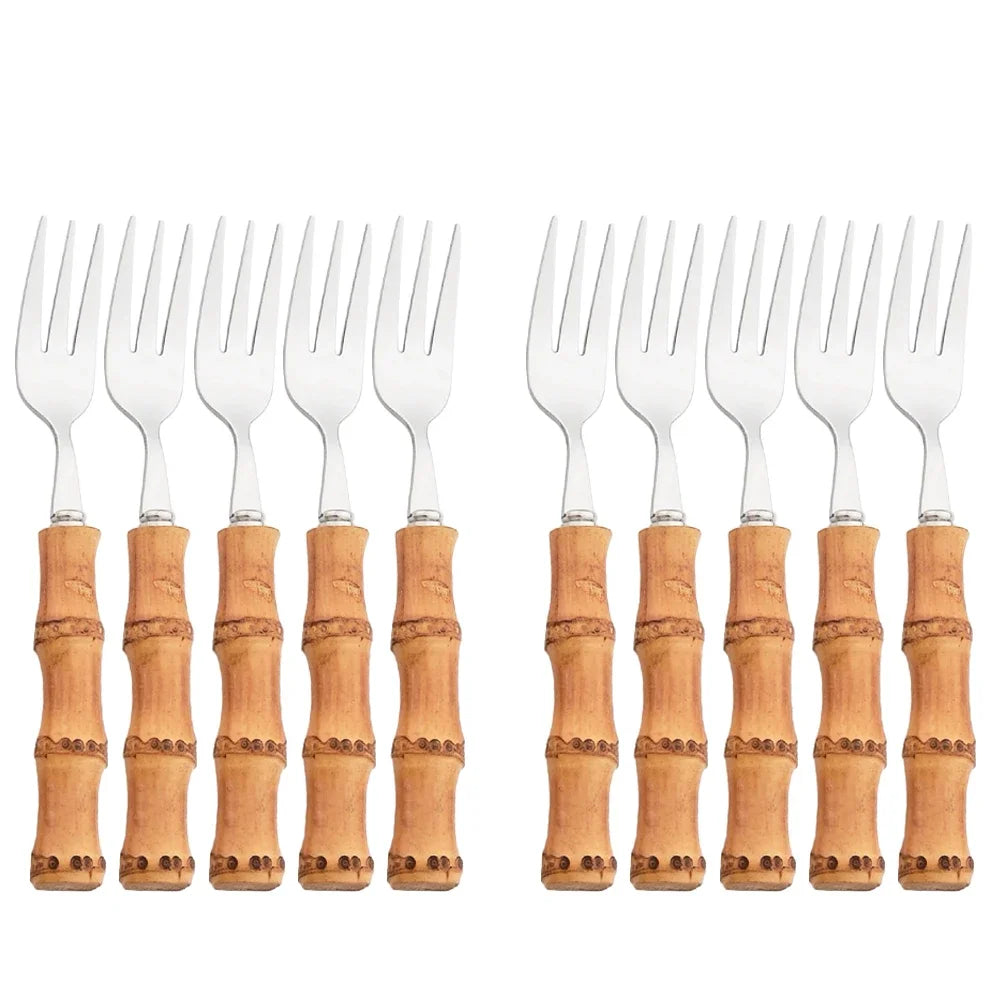 304 Stainless Steel Dinnerware Bamboo Silver 4/6/10Pcs Tea Fork Cutlery Set Western Fruit Cake Fork Tableware Home Flatware Set