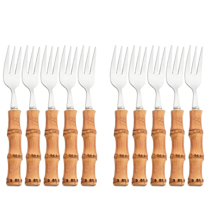 304 Stainless Steel Dinnerware Bamboo Silver 4/6/10Pcs Tea Fork Cutlery Set Western Fruit Cake Fork Tableware Home Flatware Set