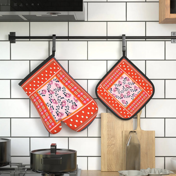 Spring Floral & Leaf Design Oven Mitts and Pot Holders 2pcs Set Heat Resistant for BBQ Cooking Baking