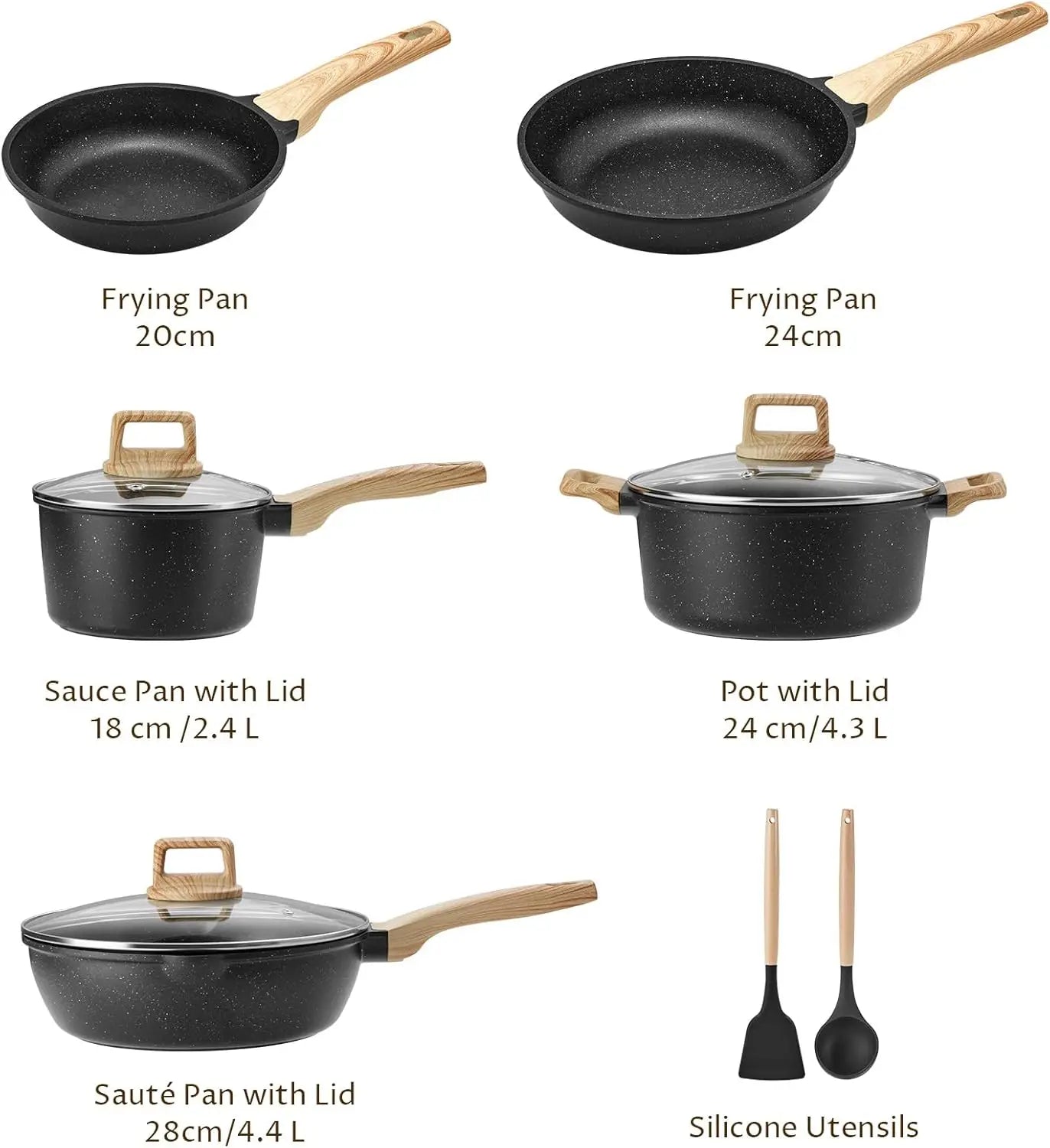 Induction Hob Pans Set 10pcs, Pots and Pans Set Non Stick, Kitchen Cookware Sets with Lids，Granite，PFAS-Free