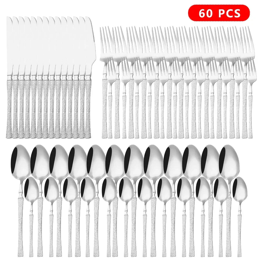 40/60pcs Stainless Steel Cutlery Set,Hammer Pattern Handle,Dishwasher Safe Flatware,Durable Dinnerware for Home,Restaurant,Party