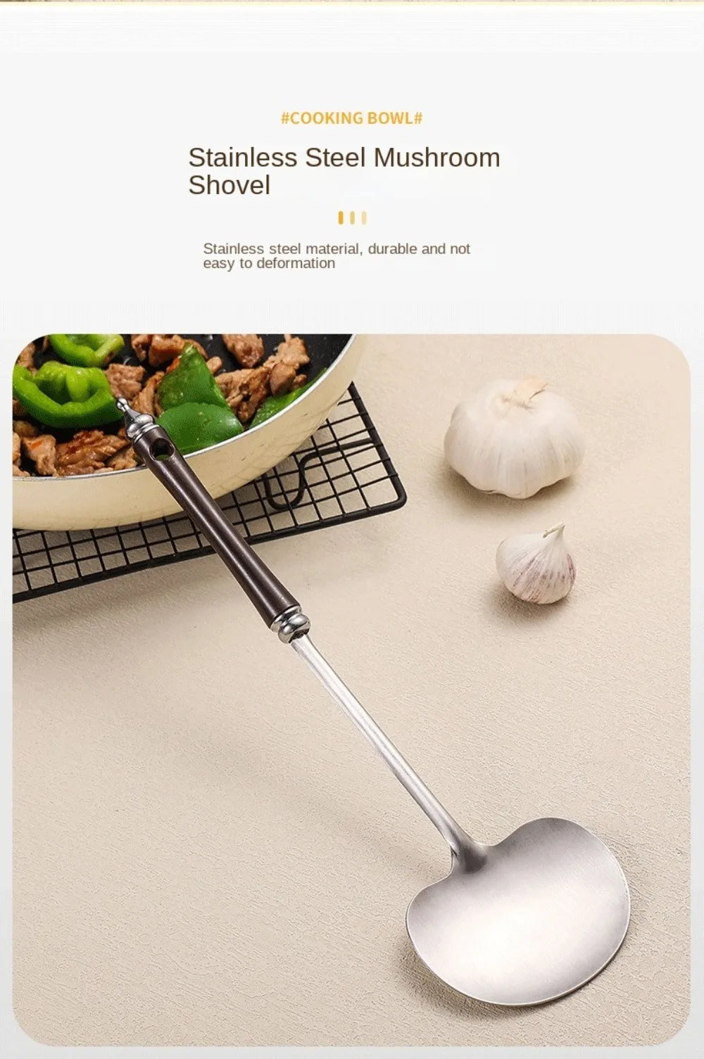 Stainless Steel Wok Spatula Long Wooden Handle Kitchen Utensils Chef-specific Mushroom Shovel Kitchen Accessories Essentials