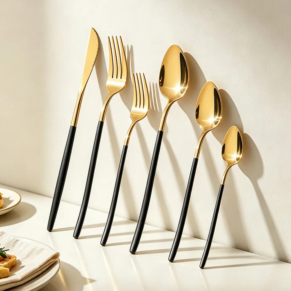 6Pcs Stainless Steel Dinnerware Set Black Cutlery Spoon Fork Knife Western Cutleri Silverware Flatware Tableware Supplies