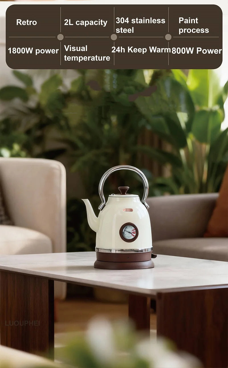 1800W Retro Electric Kettle Household 2L Keep Warm Kettle With Thermometer 304 Stainless Steel Teapot Automatic Power Off