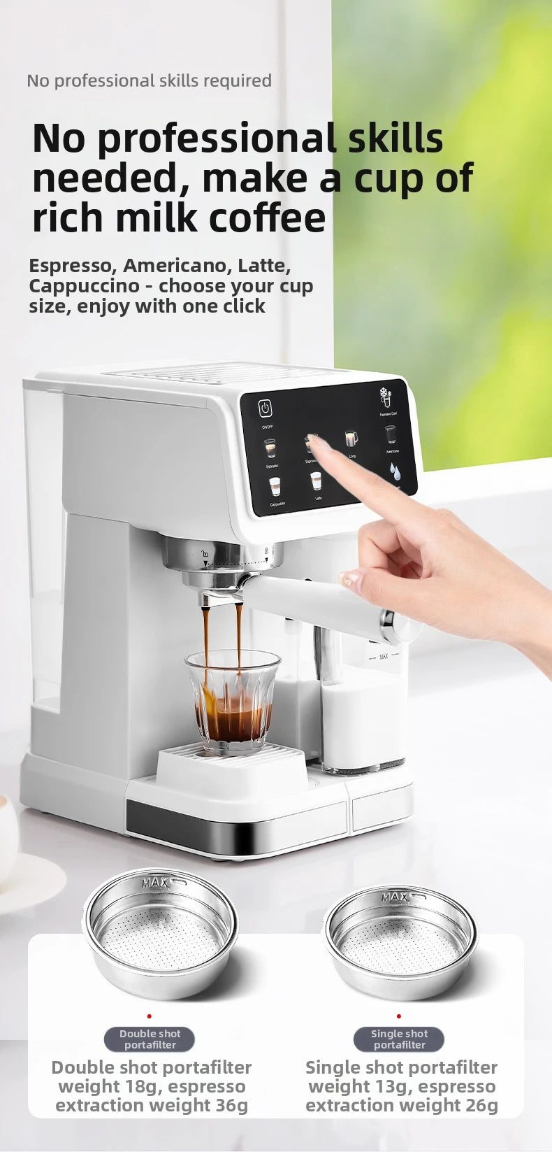 220V Touch Screen Coffee Machine for Home 20Bar Espresso Maker with Milk Frother Automatic Coffee Brewer Energy Saving