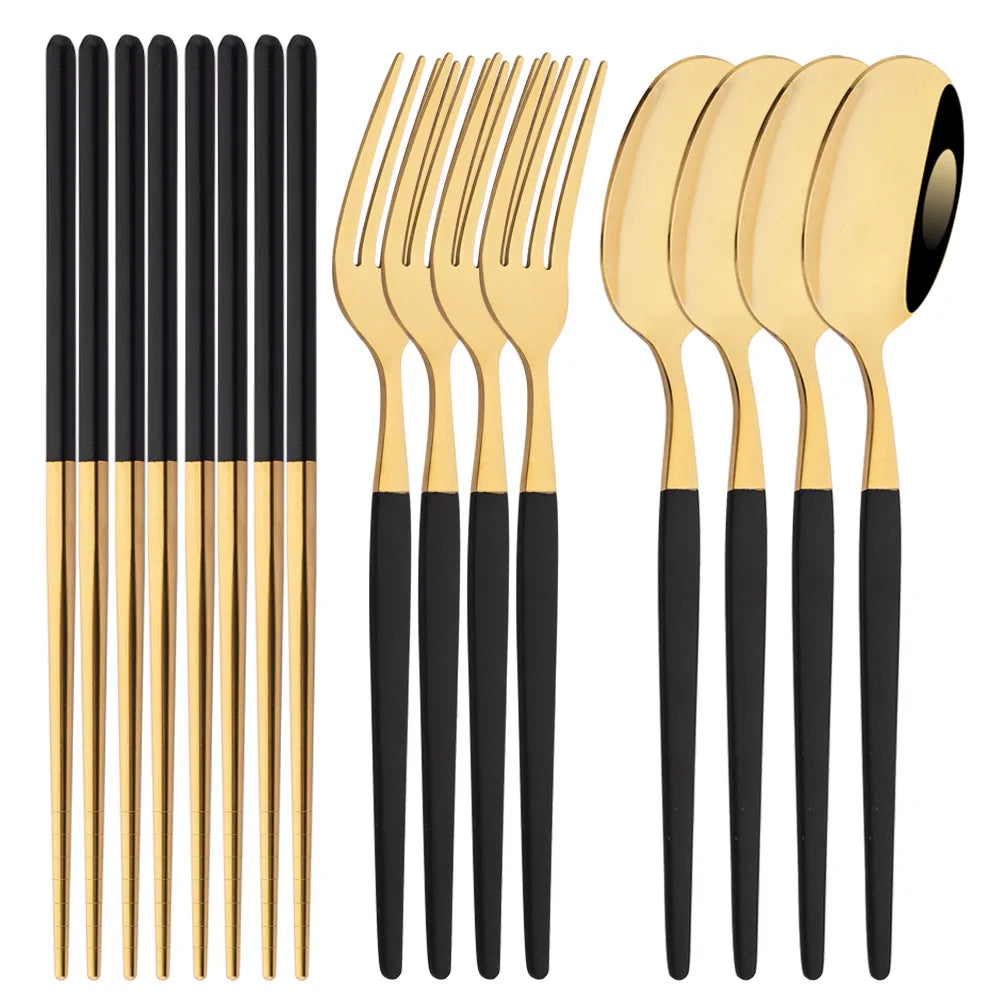 Golden Korean Tableware Set 12Pcs Luxury Mirror Flatware Cutlery Set Stainless Steel Dinnerware Fork Spoon Chopsticks Set