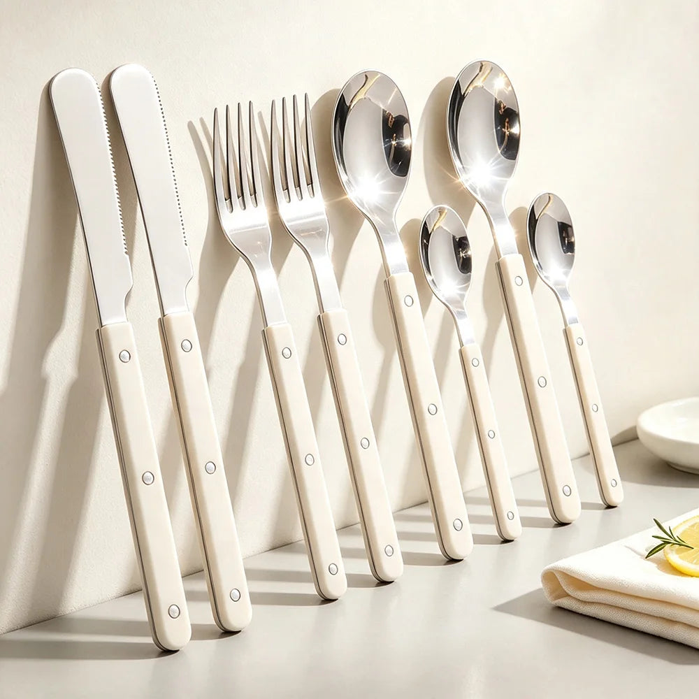 8Pcs Stainless Steel Tableware Acrylic Handle Green Silver Dinnerware Set Knife Fork Spoon Teaspoon Cutlery Kitchen Flatware Set