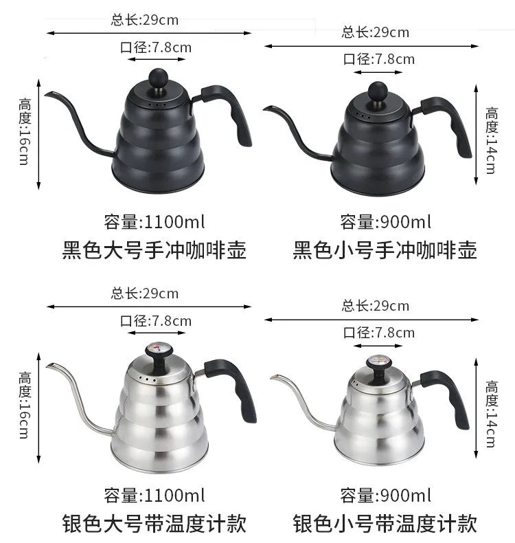 Black Goose Beak Kettle 1.0L Stainless Steel Coffee Pot with Gooseneck Thin Mouth Thermometer for Espresso Coffee Making