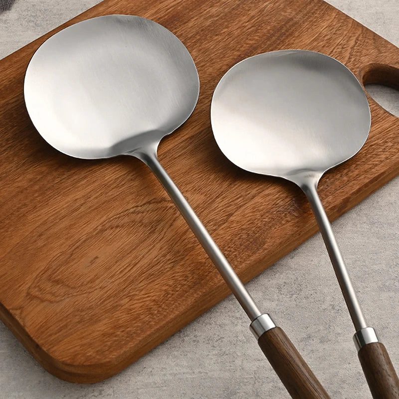 Stainless Steel Wok Spatula Chef-specific Cooking Spoon Wooden Long Handle Mushroom Shovel Kitchen Cooking Utensils