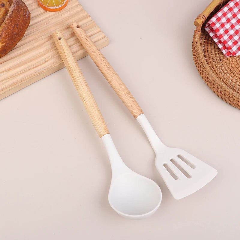 ♥Silicone Kitchen Utensil Set with Wooden Handles - Heat Resistant Spatula and Ladle for Nonstick Cookware