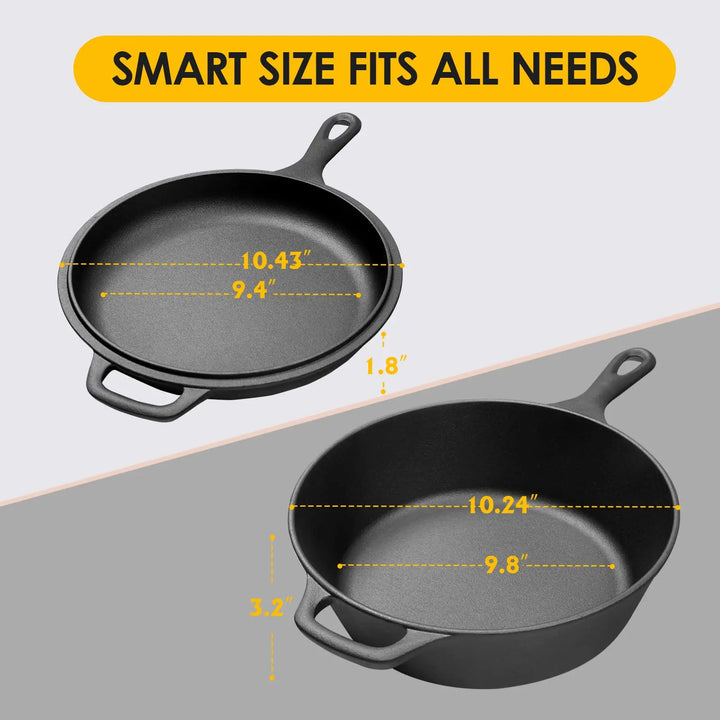 2-in-1 Pre-Seasoned Cast Iron Dutch Oven Pot 10" Deep Pot And Frying Pan For Cooking Baking Bread 3QT Skillet Cookware Set