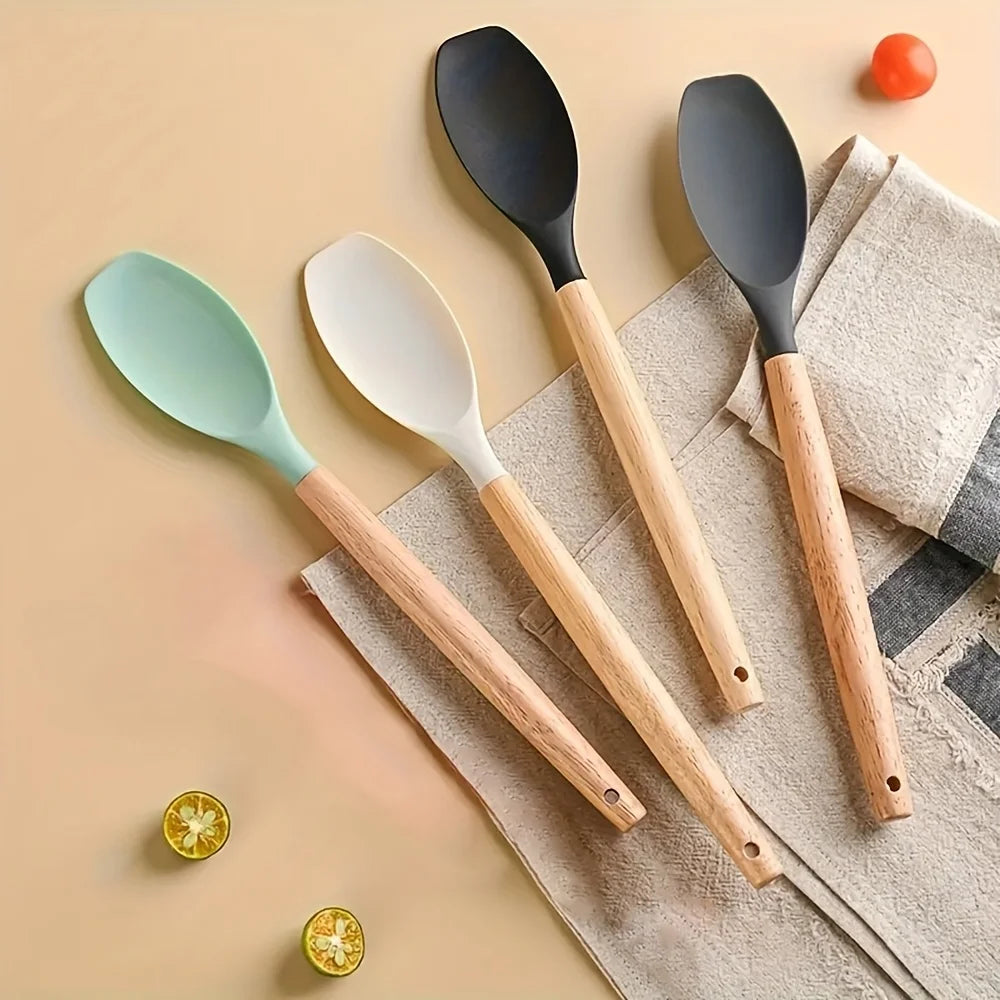 2pcs Silicone Spatula Spoons with Wooden Handle -Non-Stick Kitchen Utensils for Cooking, Rice, and More | Ergonomic | Durable