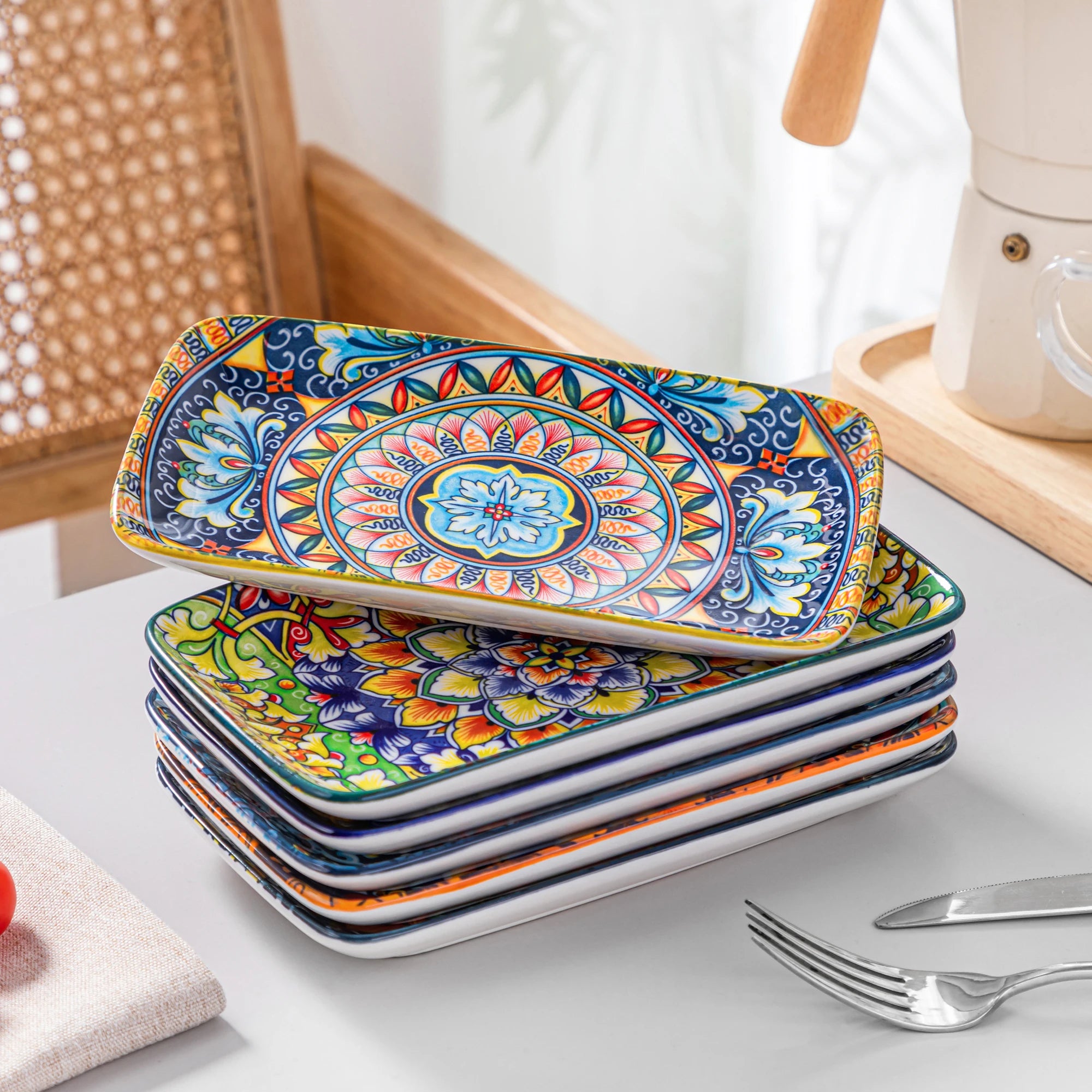 vancasso 6/12 Piece Porcelain Rectangular Serving Plates Bohemian 8.5 Inch Dinner Plates Set for Beef/Food/Noodles/Pasta Serves