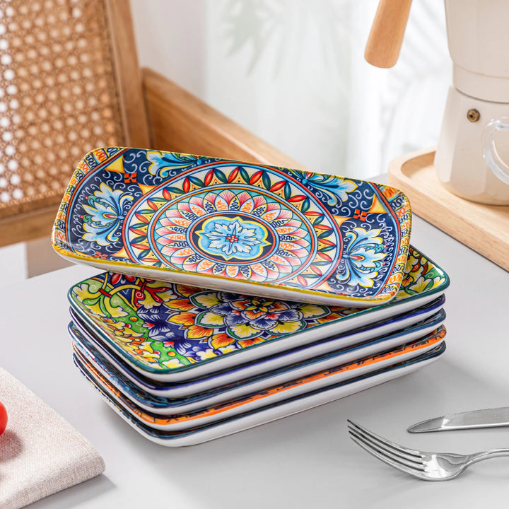 vancasso 6/12 Piece Porcelain Rectangular Serving Plates Bohemian 8.5 Inch Dinner Plates Set for Beef/Food/Noodles/Pasta Serves
