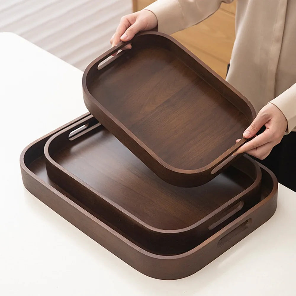 Simple Rectangular Walnut Tea Tray Hollowed-out Handle Polished Breakfast Serving Tray Vintage Tea Serving Plate Coffee Shop