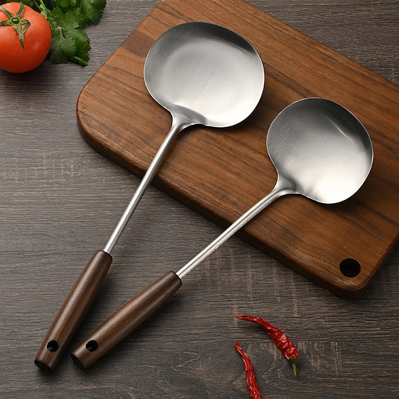 Stainless Steel Wok Spatula Chef-specific Cooking Spoon Wooden Long Handle Mushroom Shovel Kitchen Cooking Utensils