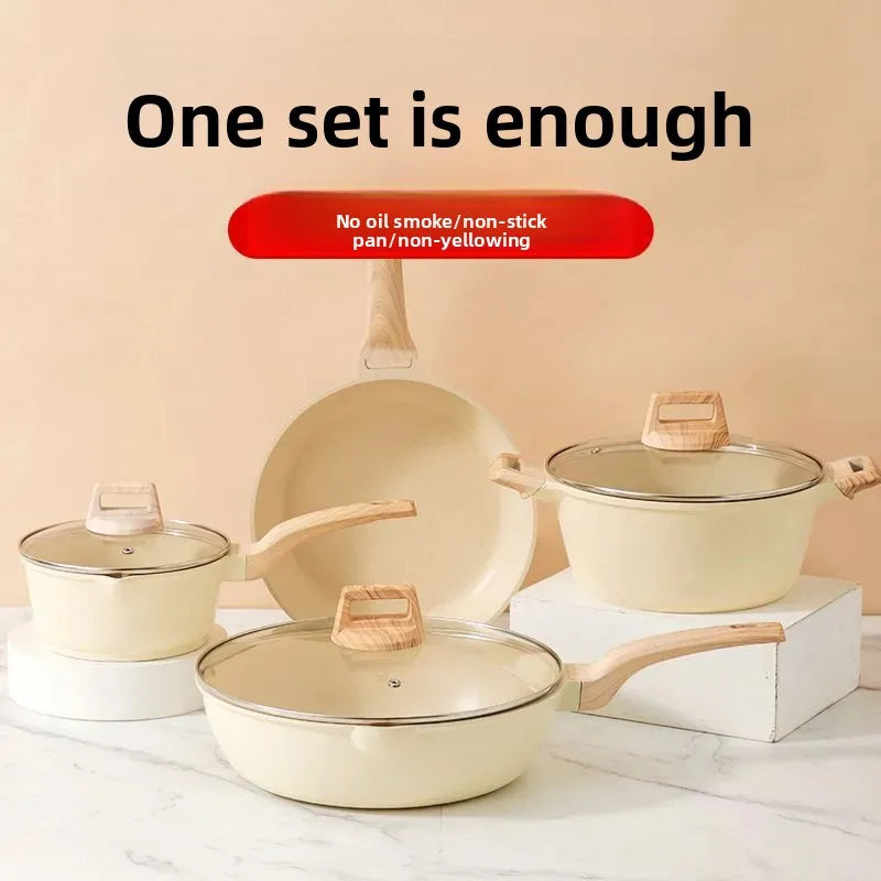 Non-Stick Frying Pan Set Maifan Stone Kitchen Soup Pot Milk Pan with Wooden Handle Pot Cookware Set Cooking Utensils for Kitchen