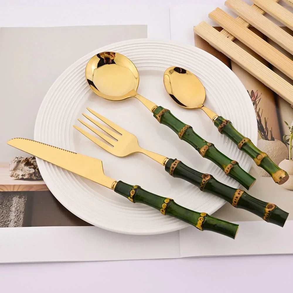 5Pcs Natural Green Bamboo Handle Cutlery Set 304 Stainless Steel Tableware Set Knife Fork Spoon Dinnerware Kitchen Flatware