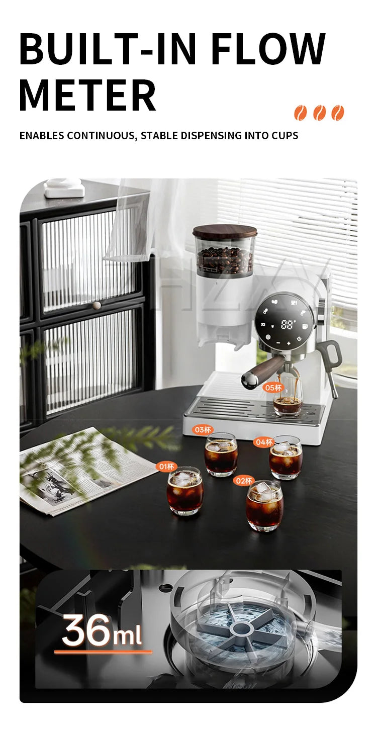 2-in-1 Coffee Machine, 220V Espresso Machine, Adjustable Grind Settings, with Grinder and Milk Frother, Espresso Machine