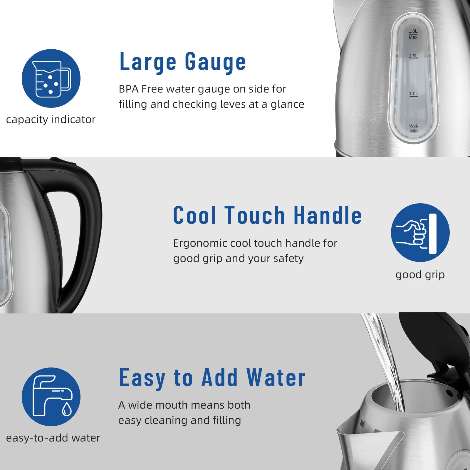 Electric Kettle, 1.8L Tea Kettle With LED Indicator, Auto Shut-Off and Boil-Dry Protection, Stainless Steel, 2200W