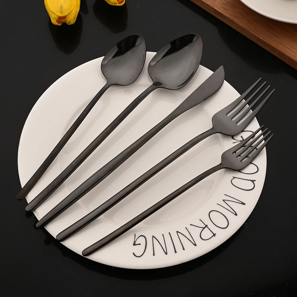 6Pcs Stainless Steel Dinnerware Set Black Cutlery Spoon Fork Knife Western Cutleri Silverware Flatware Tableware Supplies
