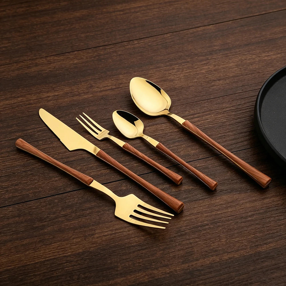4Pcs Dinnerware Sets Stainless Steel Flatware Imitation Wooden Handle Cutlery Clamp Western Tableware Knife Fork Tea Spoon