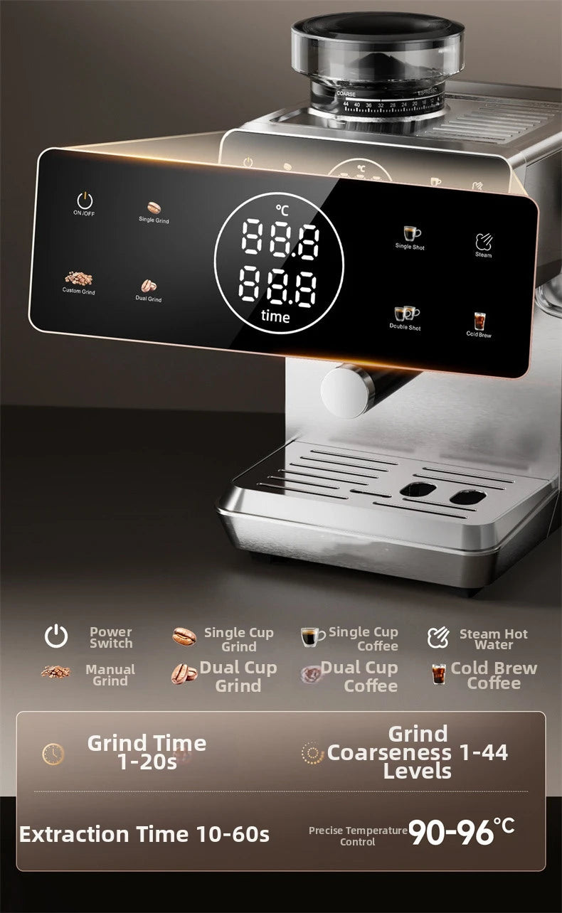 Home Espresso Machine with Grinder, 20Bar Pressure, Dual Temperature Control for Hot/Cold Brew, Compact Semi-Automatic Coffee Ma