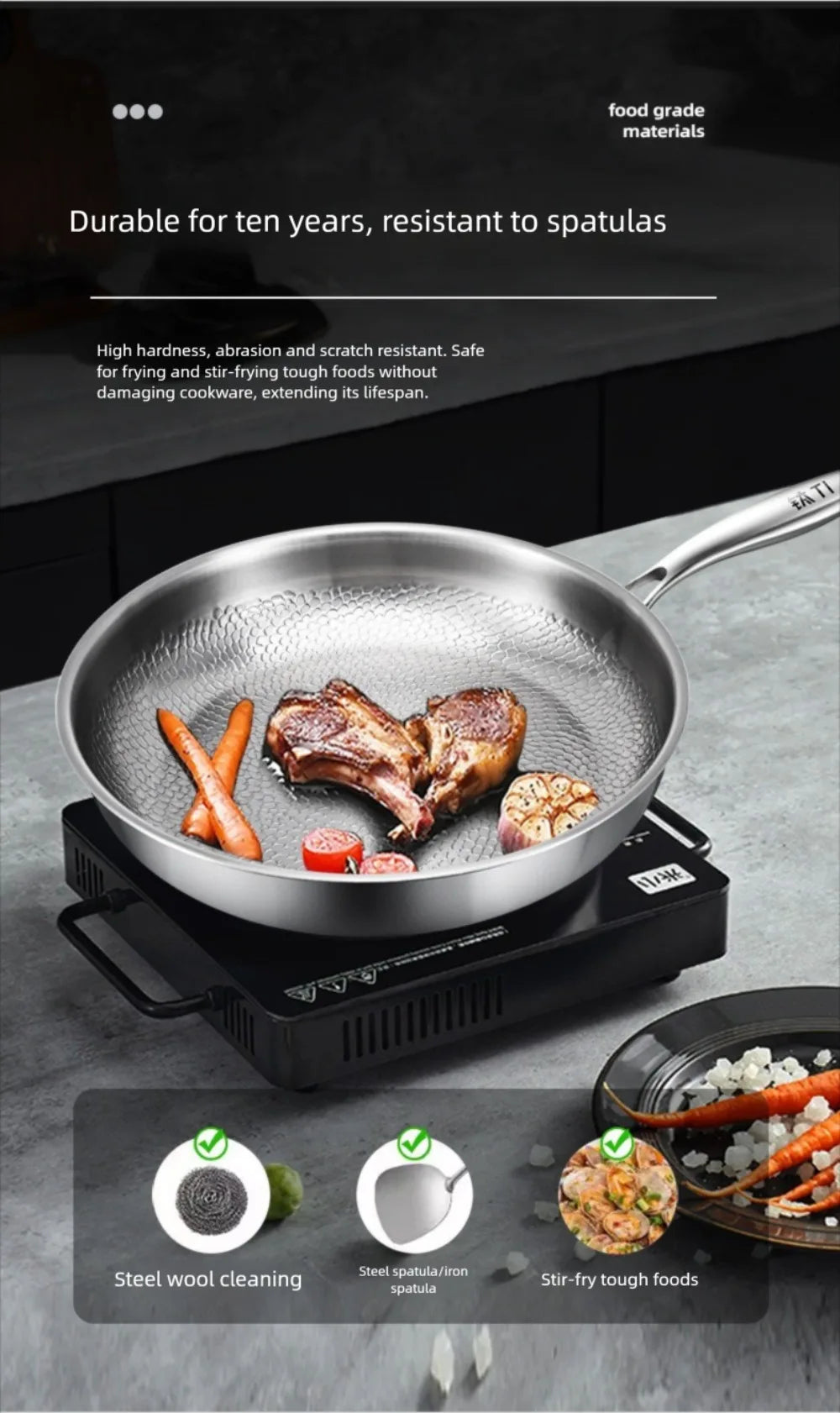 26/28/30/32cm Titanium Frying Pan Uncoated Non Stick Steak Frying Pan Thickened Fish Scale Hammer Pattern Kitchen Cookware