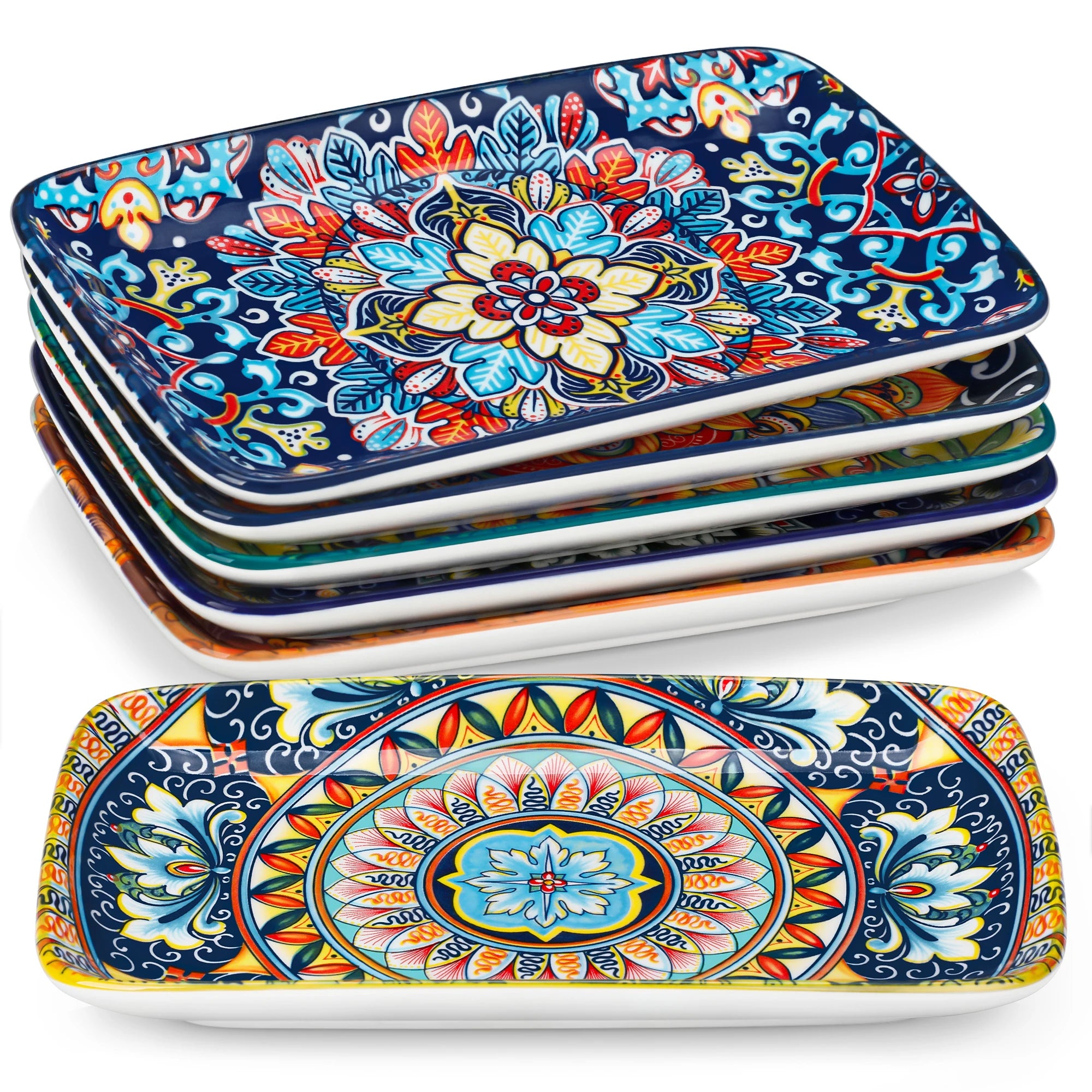vancasso 6/12 Piece Porcelain Rectangular Serving Plates Bohemian 8.5 Inch Dinner Plates Set for Beef/Food/Noodles/Pasta Serves