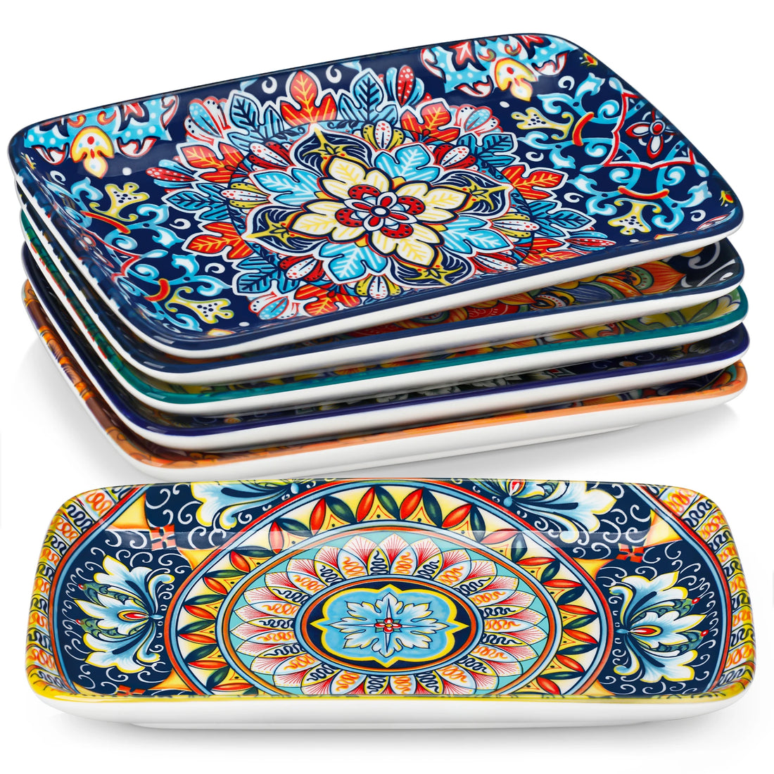 vancasso 6/12 Piece Porcelain Rectangular Serving Plates Bohemian 8.5 Inch Dinner Plates Set for Beef/Food/Noodles/Pasta Serves