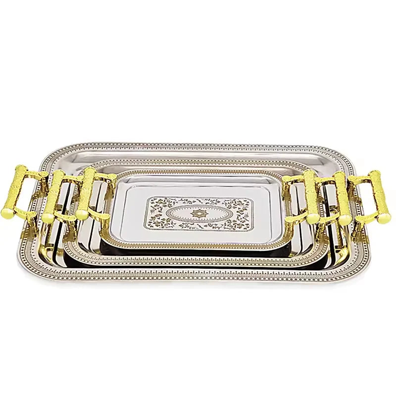 Customized Arabic Style Luxury Rectangular Metal Tray 3 Pieces Stainless Steel Serving Tray Set with Plastic Handles