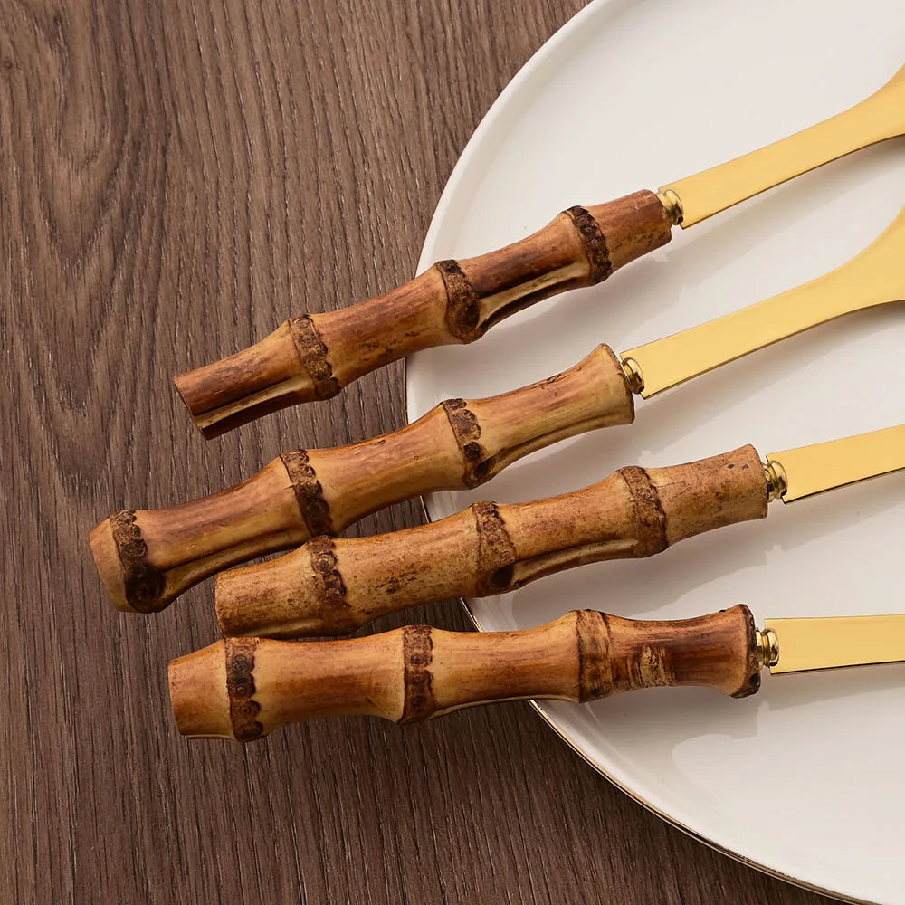 2Pcs Silver Dinnerware Cutlery 304 Stainless Steel Wood Bamboo Handle Food Serving Salad Spork Server Fork Spoon Tableware Set