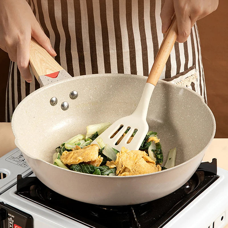 ♥Silicone Kitchen Utensil Set with Wooden Handles - Heat Resistant Spatula and Ladle for Nonstick Cookware