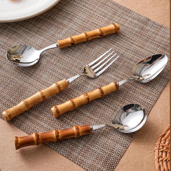 20Pcs Silver Bamboo Handle Cutlery Set 304 Stainless Steel Dinnerware Set Knife Dessert Fork Spoon Tableware Kitchen Flatware