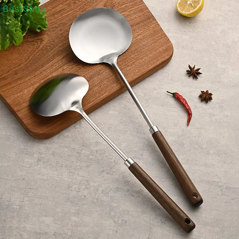 Stainless Steel Wok Spatula Chef-specific Cooking Spoon Wooden Long Handle Mushroom Shovel Kitchen Cooking Utensils