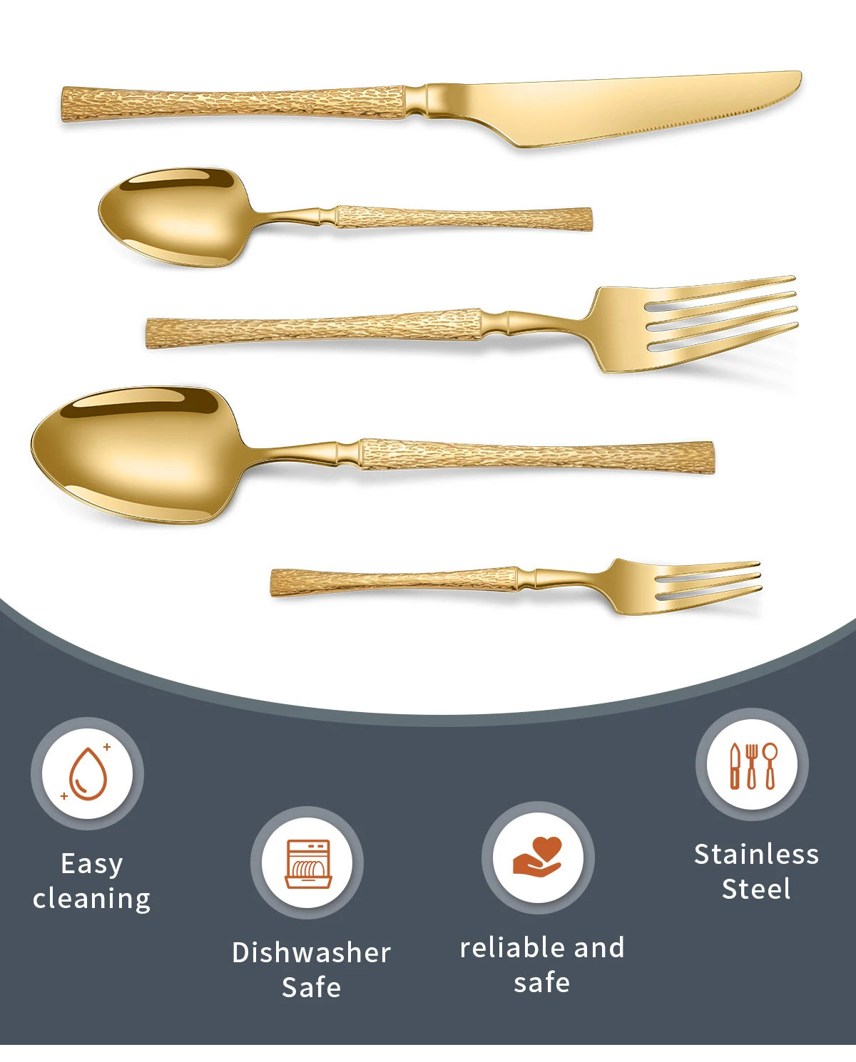 40/60pcs Stainless Steel Cutlery Set,Hammer Pattern Handle,Dishwasher Safe Flatware,Durable Dinnerware for Home,Restaurant,Party