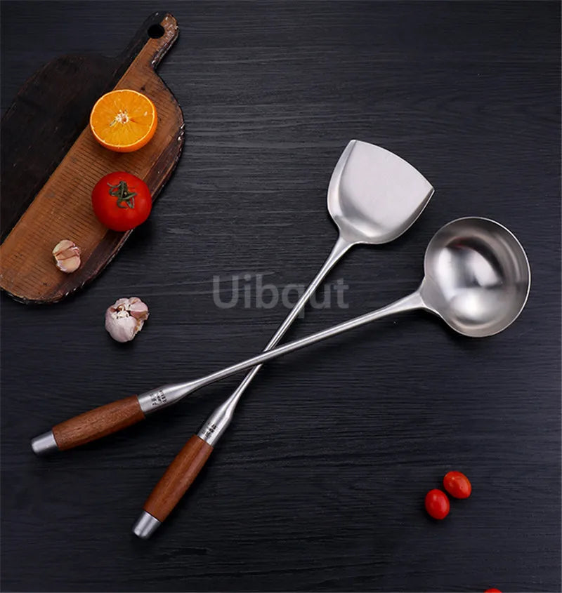 big long spatula shovel chef cooking cocina utensilios blade Kitchen Utensil Wooden Handle Stainless Steel Turner Soup Spoon wok
