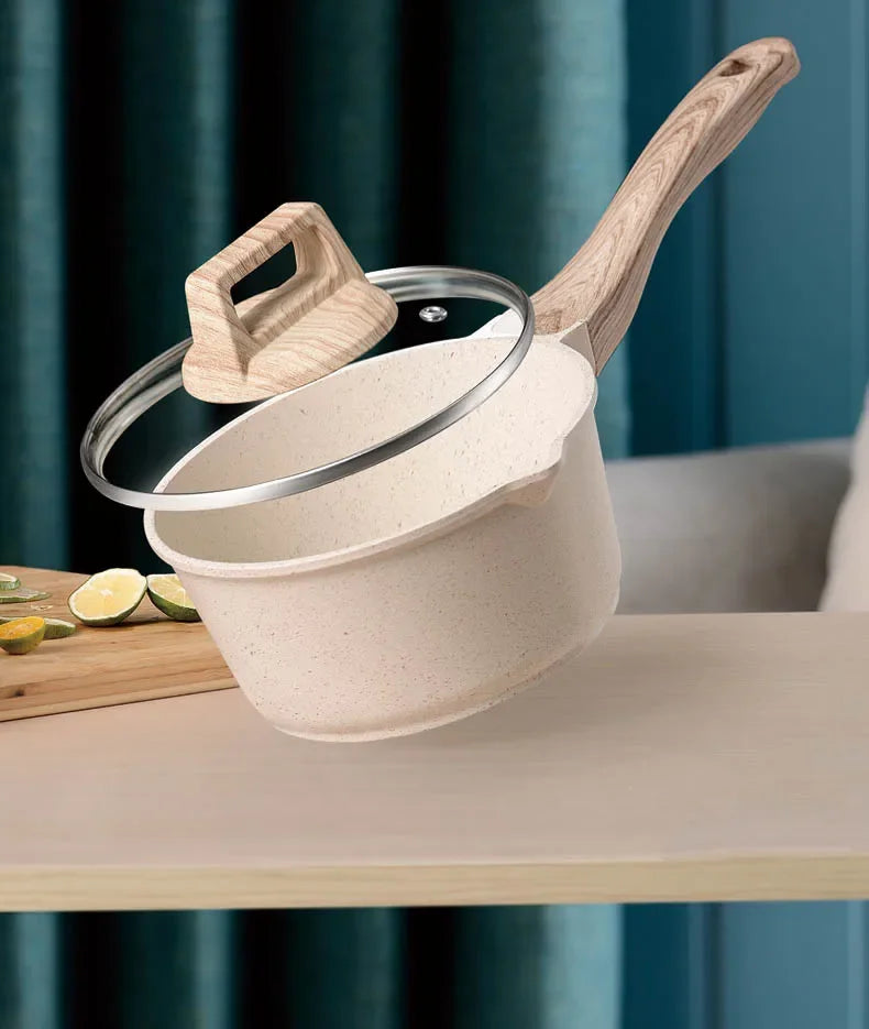 Non-Stick Frying Pan Set Maifan Stone Kitchen Soup Pot Milk Pan with Wooden Handle Pot Cookware Set Cooking Utensils for Kitchen