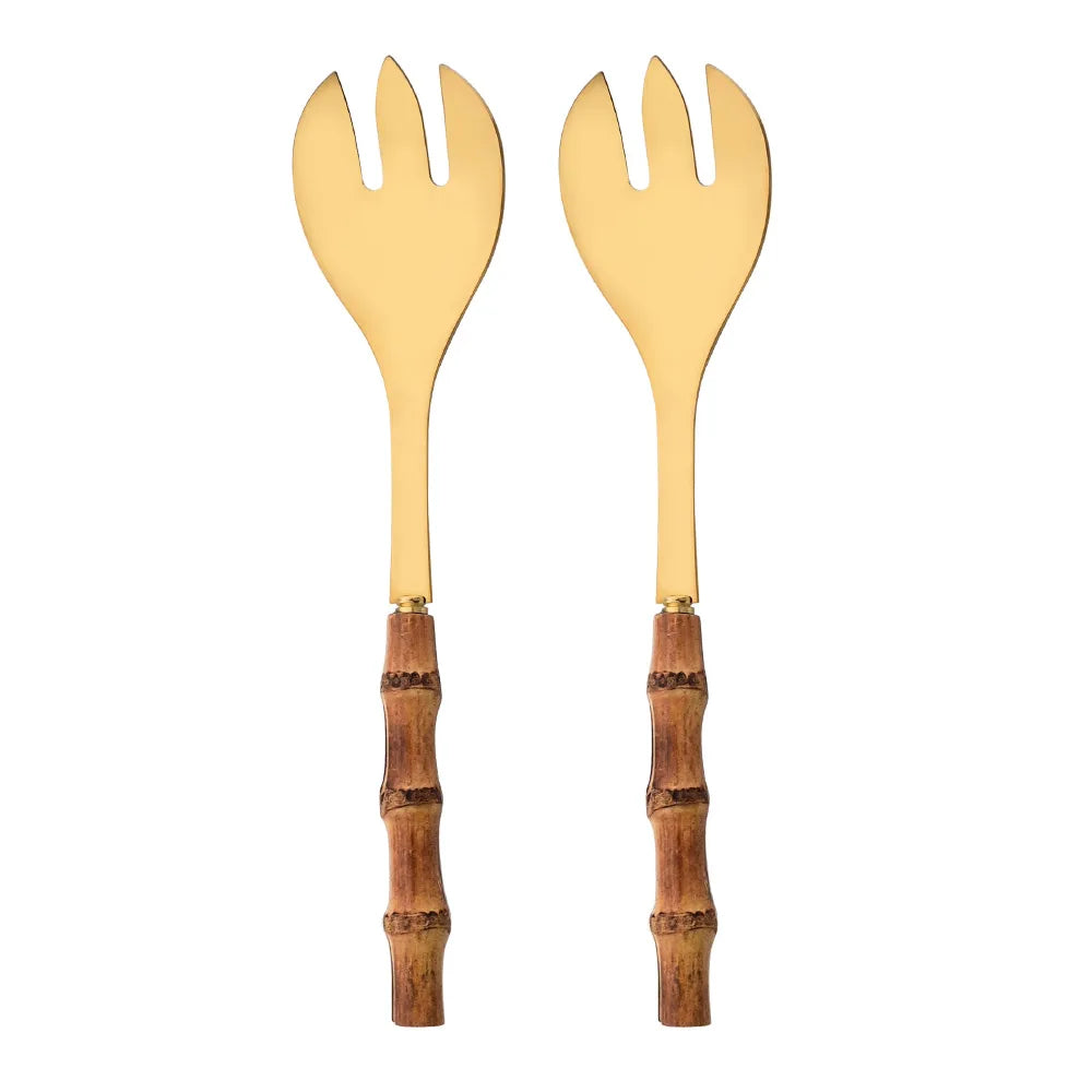 2Pcs Silver Dinnerware Cutlery 304 Stainless Steel Wood Bamboo Handle Food Serving Salad Spork Server Fork Spoon Tableware Set