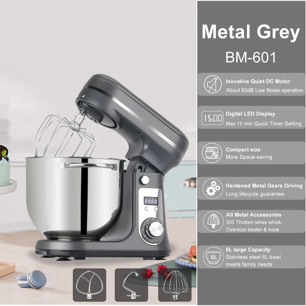BioloMix 1200W Kitchen Stand Mixer with 6L Capacity Quiet DC Motor 6-Speed Functions for Blending Whisking And Kneading