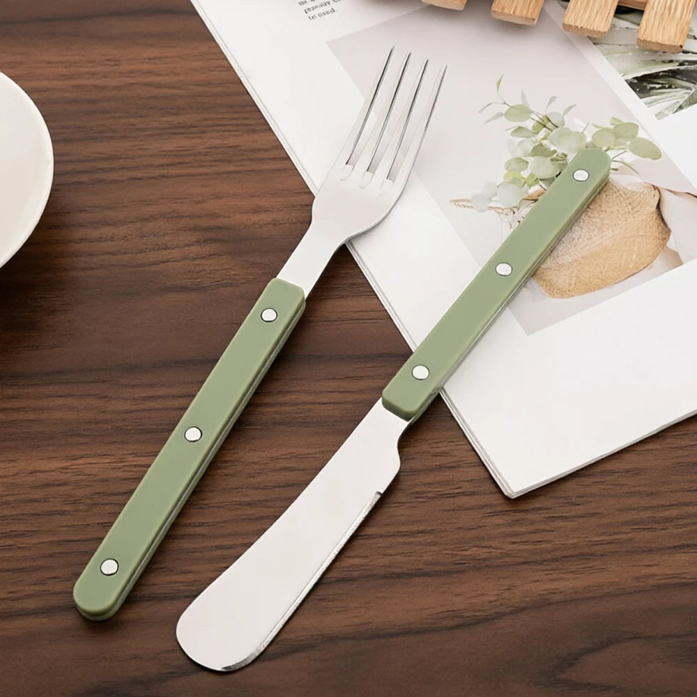 8Pcs Stainless Steel Tableware Acrylic Handle Green Silver Dinnerware Set Knife Fork Spoon Teaspoon Cutlery Kitchen Flatware Set