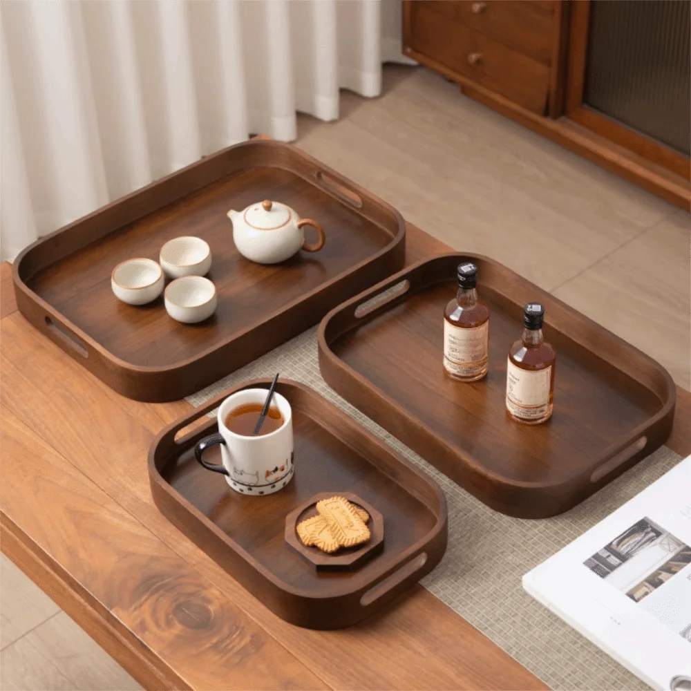 Simple Rectangular Walnut Tea Tray Hollowed-out Handle Polished Breakfast Serving Tray Vintage Tea Serving Plate Coffee Shop