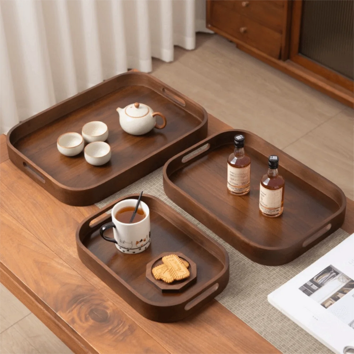 Simple Rectangular Walnut Tea Tray Hollowed-out Handle Polished Breakfast Serving Tray Vintage Tea Serving Plate Coffee Shop